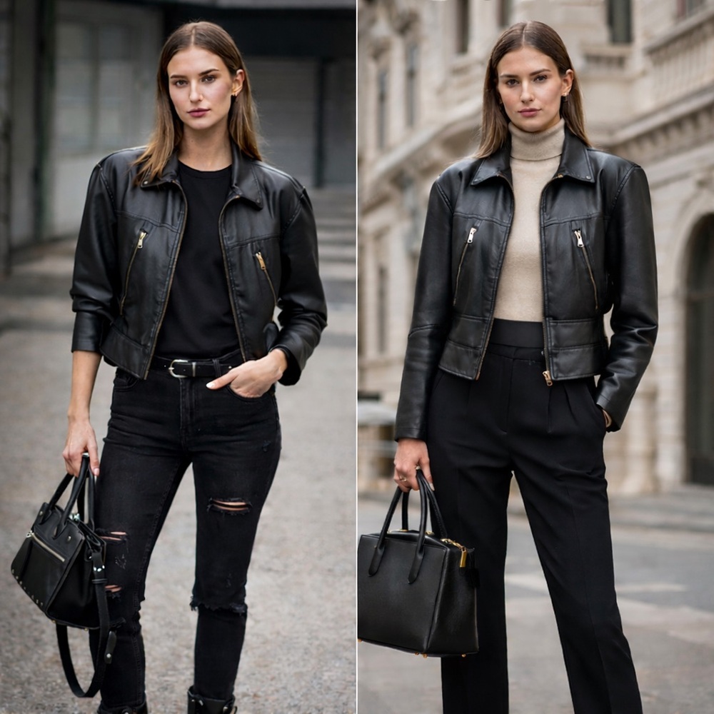 Vintage 90s Tannery West Black Leather Moto Jacket Cropped Women S